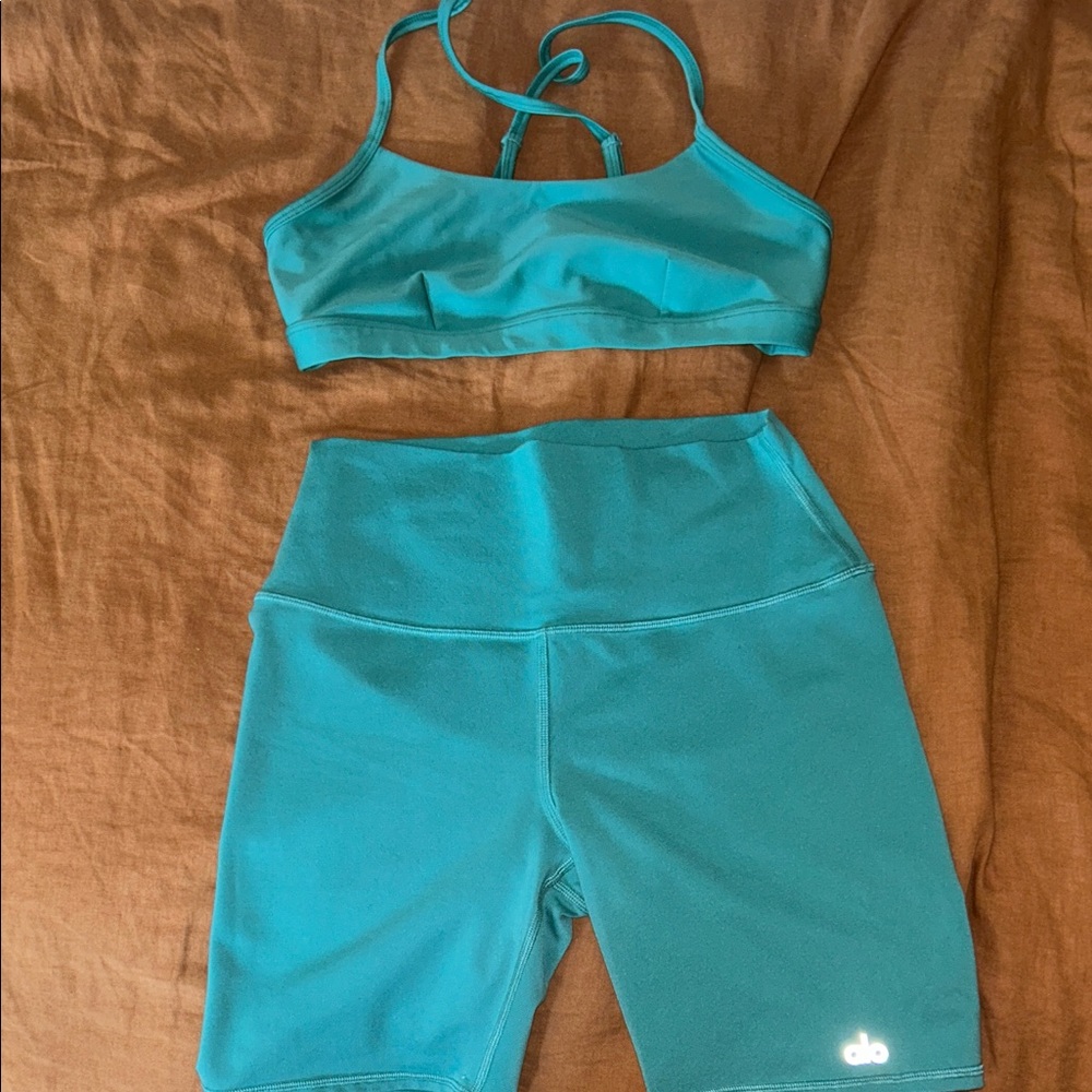 ALO Yoga Turquoise Bra and Shorts Set